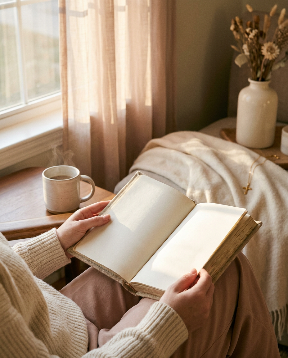 Woman reading a morning devotional with a cup of coffee by a sunlit window