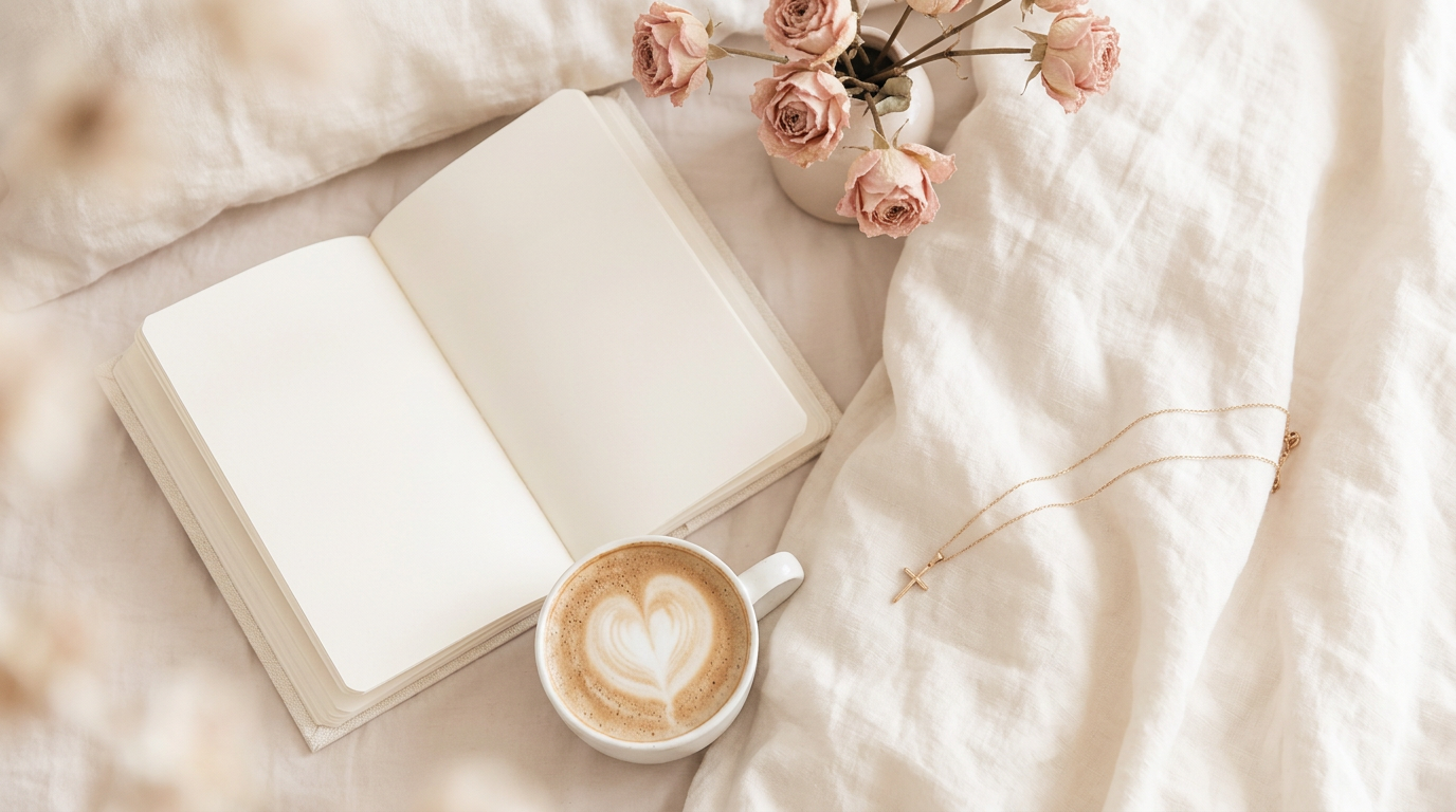 Open devotional book with a latte and blush roses on cream linen